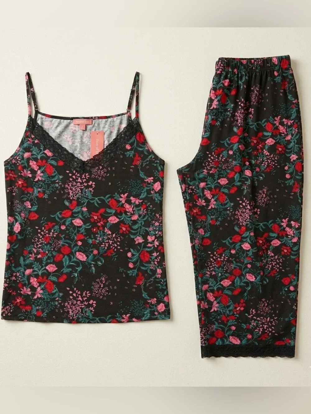 State of Day Women’s Ultra Soft Pajama Set Black Lace Trim Camisole & Pants - Picture 2 of 2